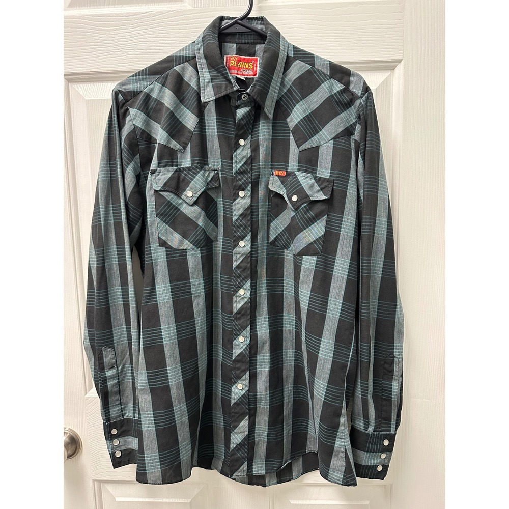 Vintage Ely Plains Western Pearl Snap Shirt Mens 15.5-35 Plaid Black Teal Yoke